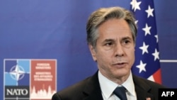 Antony Blinken speaks to the media during a meeting of NATO in Riga