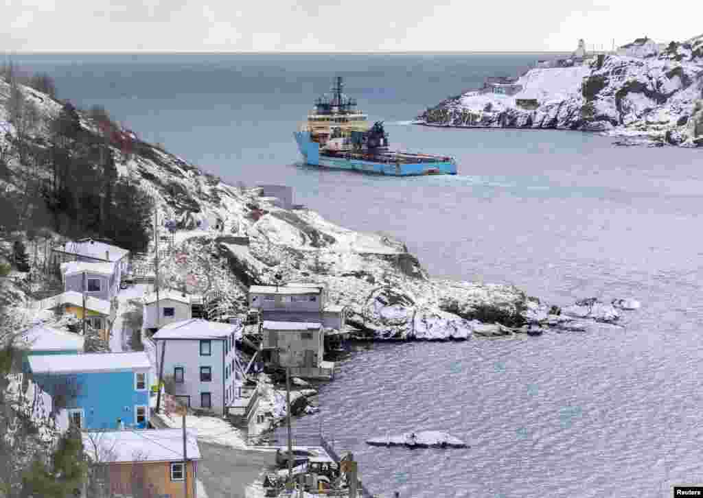 An offshore oil rig support vessel leaves the harbor at St. John's, Newfoundland, Canada, Feb. 2, 2025 after tariffs were imposed by the U.S. on Canadian exports.