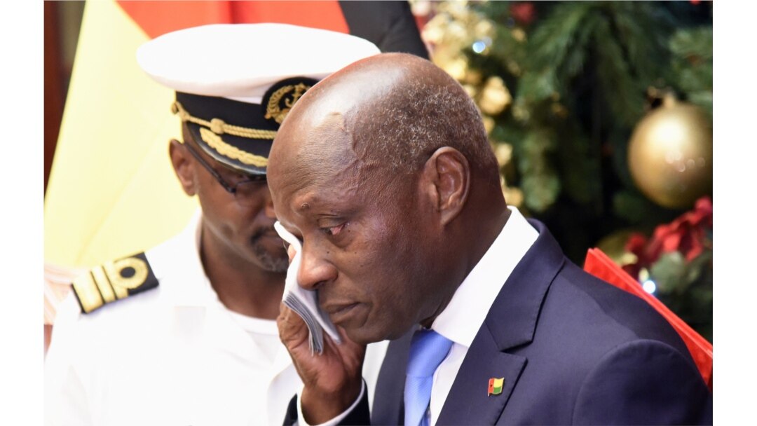 Guinea Bissau's president Jose Mario Vaz reacts as he delivers his New Year's speech, Dec. 31, 2019 at the Presidential Palace in Bissau.