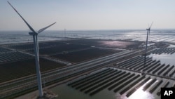 FILE - Wind turbines dot the coastline along a giant solar farm near Weifang in eastern China's Shandong province on March 22, 2024.