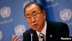 U.N. Secretary General Ban Ki-moon speaks at news conference ahead of the 69th United Nations General Assembly, New York, Sept. 16, 2014.