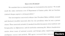 Part of special counsel Robert Hur's report on the investigation into U.S. President Joe Biden's handling of classified documents is seen in Washington on Feb. 8, 2024. (U.S. Justice Department via Reuters)