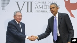 U.S. President Barack Obama and Cuban President Raul Castro meet for an informal talk on the sidelines of the Summit of the Americas in Panama City, April 11, 2015.