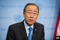 FILE _ United Nations Secretary General Ban Ki-moon speaks to reporters at United Nations headquarters, Sept. 9, 2016.