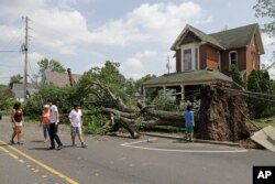 Stanovnici hodaju pored drveća oborenog u udaru tornada prethodne noći u Pendletonu, Indijana, 28. maja 2019.