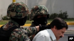 Gembong Narkoba Meksiko Joaquin Guzman (berbaju putih) dikawal tentara saat ditangkap di Mexico City, 22 Februari 2014. (Foto: dok).