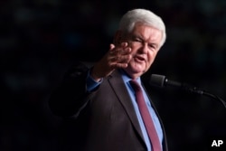 Former Speaker of the House Newt Gingrich introduces Donald Trump during a campaign rally, Sept. 19, 2016, in Ft. Myers, Florida.
