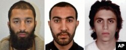 A combo handout issued by the Metropolitan Police, June 6, 2017, shows Khuram Shazad Butt (L), Rachid Redouane (C), and Youssef Zaghba who have been named as the suspects in Saturday's attack at London Bridge. (Metropolitan Police via AP)
