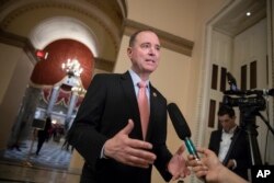 Rep. Adam Schiff, D-Calif., ranking member of the House Intelligence Committee, takes questions from reporters at the Capitol in Washington, May 10, 2018.