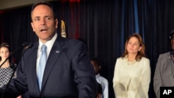 FILE - Kentucky Republican Governor-elect Matt Bevin speaks to his supporters in Louisville, Nov. 3, 2015.