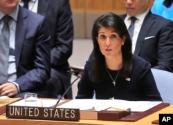 United Nations U.S. Ambassador Nikki Haley addresses a U.N. Security Council meeting on North Korea, Sept. 4, 2017 at U.N. headquarters.