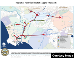 A Metropolitan Water District rendition of its planned $3.45 billion wastewater recycling program. By 2035, the system would move purified water from the JWPCP (lower left) through hundreds of kilometers of pipelines to groundwater basins in 3 counties.