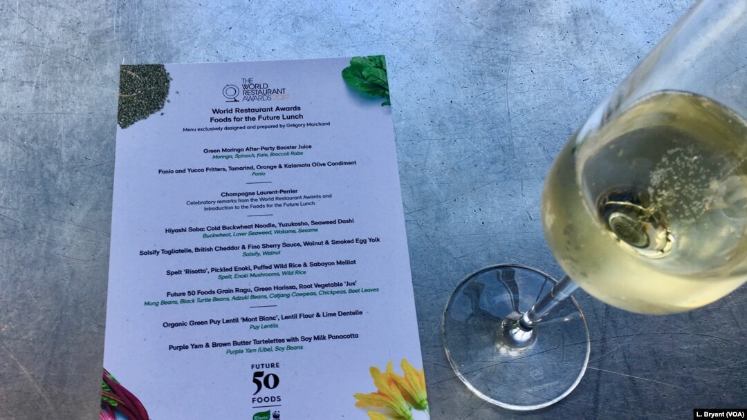 A menu explains what is being served at a "Future 50 Foods" lunch at the Pompidou Center in Paris.