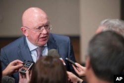 Russia's U.N. Ambassador Vassily Nebenzia speaks to reporters after attending a Security Council meeting, Aug. 9, 2017, at United Nations headquarters.