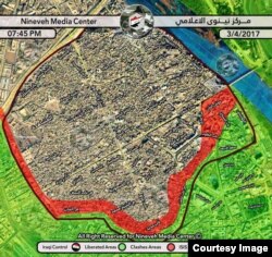 This map shows where Iraqi forces are battling IS militants in Mosul's Old City, where soldiers have surrounded the area on three sides for weeks. (Courtesy of Nineveh Media Center)
