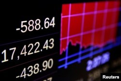 Electronic boards display the day's losses above the floor of the New York Stock Exchange on June 24, 2016. (Reuters)