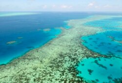 FILE - This aerial photo shows the Great Barrier Reef in Australia, Dec. 2, 2017. It has suffered extensive damage due to pollution and climate change. (AP via Kyodo News)