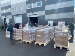 Packages of medical aid for India to help the country tackle the outbreak of the coronavirus disease (COVID-19) are pictured before being loaded onto a plane at Zhukovsky Airport in Moscow Region, Russia April 28, 2021. Russian Emergencies Ministry/Handou