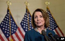 FILE - House Minority Leader Nancy Pelosi of Calif., speaks to reporters.
