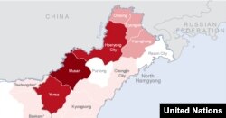 [그래픽] 북한 함경북도 홍수 피해 지역: 유엔이 16일 공개한 북한 함경북도 수해 실사보고서에 들어있는 피해 지역 지도. 함경북도에서도 두만강과 접한 무산군, 연사군, 회령시 등이 집중적인 피해를 입었다. 색깔이 짙을 수록 피해가 심각한 지역으로, 무산군은 피해 가구가 5만 가구 이상, 연사군과 회령시는 각각 1만~5만 가구인 것으로 표시됐다.
