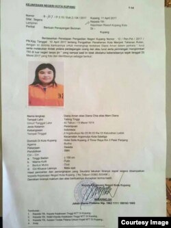 Poster Diana Aman alias Diana Chia, setelah buron 1,5 tahun, Diana ditangkap September 2018 di Sumatera Utara dan kini mendekam di penjara NTT dalam kasus TPPO (courtesy image)