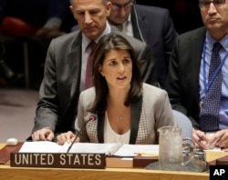 United States Ambassador to the United Nations Nikki Haley speaks during a U.N. Security Council meeting about the escalating tensions between the Ukraine and Russia, at United Nations headquarters in New York, Nov. 26, 2018.