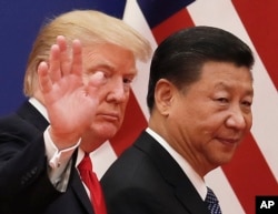 FILE - Chinese President Xi Jinping walks with U.S. President Donald Trump, Nov. 9, 2017, after attending a business event at the Great Hall of the People in Beijing.
