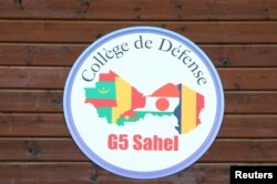 Logo of the G5 Sahel Defence Academy in Nouakchott, Mauritania, July 2, 2018.