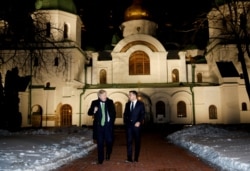 British Prime Minister Boris Johnson and Ukrainian President Volodymyr Zelenskiy meet in Kyiv, Ukraine, Feb. 1, 2022.