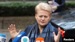 FILE - Lithuania's President Dalia Grybauskaite talks to the media in Brussels June 27, 2014.