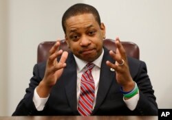FILE - Virginia Lt. Gov. Justin Fairfax speaks during an interview in his office at the Capitol in Richmond, Virginia, Feb. 2, 2019.