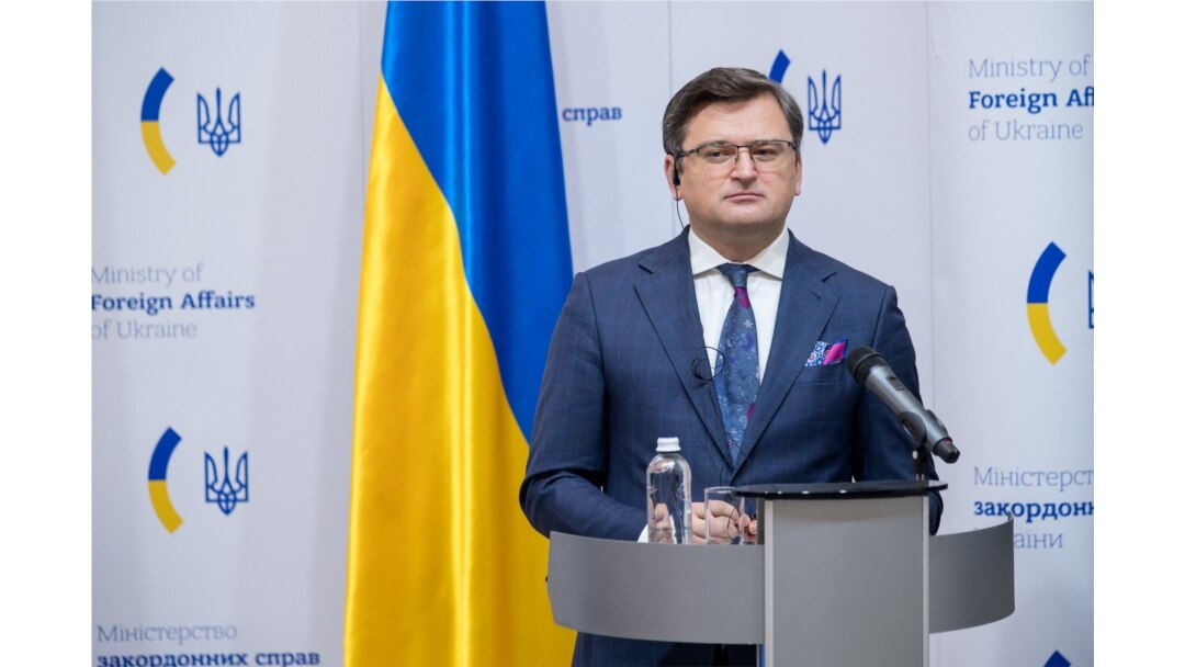 FILE - This handout photo taken and released by the Ukrainian Foreign Ministry's Press Office Jan. 17, 2022 shows Ukrainian Foreign Minister Dmytro Kuleba at a news conference in Kyiv.