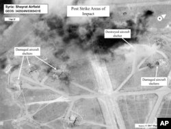 This satellite image released by the U.S. Department of Defense shows a damage assessment image of Shayrat air base in Syria, following U.S. Tomahawk missile strikes, April 7, 2017.