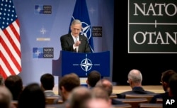 U.S. Defense Secretary Jim Mattis speaks during a press conference after a meeting of NATO defense ministers at the alliance's headquarters in Brussels, Belgium, Nov. 9, 2017.