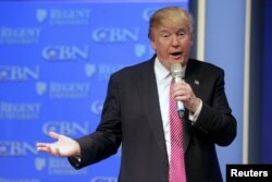 FILE - U.S. Republican presidential candidate Donald Trump speaks at a campaign event at Regents University in Virginia Beach, Virginia. Recent polling showed Trump with 37 percent of the vote in seven southern states.