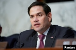 Senator Marco Rubio questions witnesses before the Senate Intelligence Committee hearing about "worldwide threats" on Capitol Hill in Washington, Jan. 29, 2019.