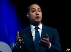 FILE - Democratic presidential candidate Julian Castro speaks during the We the People Membership Summit, featuring the 2020 Democratic presidential candidates, at the Warner Theater, in Washington, Apr. 1, 2019.