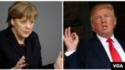 FILE - German Chancellor Angela Merkel and President-elect Donald Trump are shown in this composite image created from wire photos.