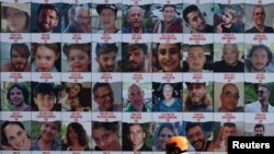 Posters in support of hostages kidnapped during the October 7 attack