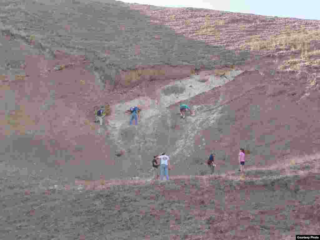 California Institute of Technology geobiology class on a field trip to a paleo-methane seep outcrop in Panoche Hills, California. These ancient seep carbonates are Cretaceous-aged (~100-66 million years ago), extend nearly 20 kilometers and are approximately 200 meters thick in some areas. (V. Orphan)