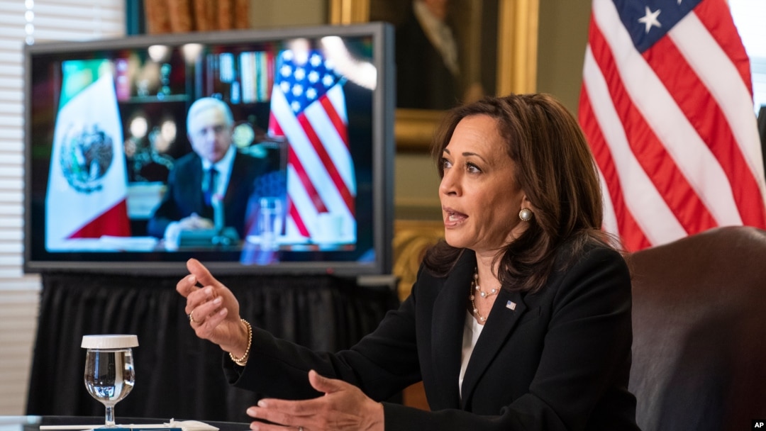 Vice President Kamala Harris speaks during a virtual meeting with Mexican President Andres Manuel Lopez Obrador at the Eisenhower Executive Office Building on the White House complex in Washington, May 7, 2021.