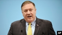 FILE - U.S. Secretary of State Mike Pompeo speaks at a press conference on the sidelines of the 51st ASEAN Foreign Ministers Meeting in Singapore, Aug. 4, 2018. 