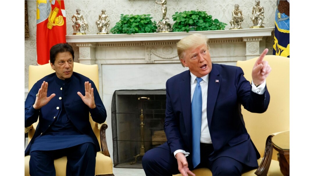 President Donald Trump speaks during a meeting with Pakistani Prime Minister Imran Khan in the Oval Office of the White House, July 22, 2019, in Washington.