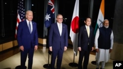 资料照片：美国总统拜登（左起）、澳大利亚总理阿尔巴内塞、时任日本首相岸田文雄和印度总理莫迪在日本广岛举行四方安全会议。(2023年5月20 日)