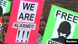 FILE - Protestors for press freedom hold placards outside the Harare Magistrate's Court.