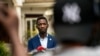 FILE - Leading opposition candidate in Uganda's presidential election Bobi Wine speaks to the press outside Kampala, Uganda, Jan. 15, 2021, one day after Ugandans went to the polls.