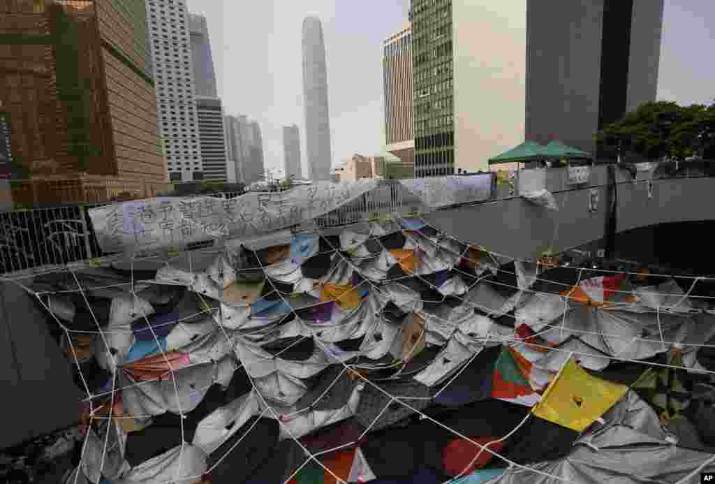 An art installation made of umbrellas is seen at an occupied area near government headquarters in Hong Kong, Oct. 16, 2014.