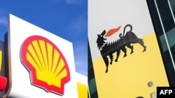 Salah satu pom bensin Shell di pusat kota LondonLondon on January 17, 2014 and the logo of the Italian oil and gas company Eni in San Donato Milanese, near Milan on October 27, 2017. It