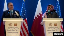 US Secretary of State Mike Pompeo (L) and Qatari Deputy Prime Minister and Minister of Foreign Affairs Sheikh Mohammed bin Abdulrahman Al-Thani, hold a joint press conference at the Sheraton Grand in the Qatari capital Doha, Qatar, Jan. 13, 2019.