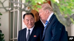 도널드 트럼프 미국 대통령이 1일 김영철 북한 노동당 부위원장을 백악관에서 만나고 있다.